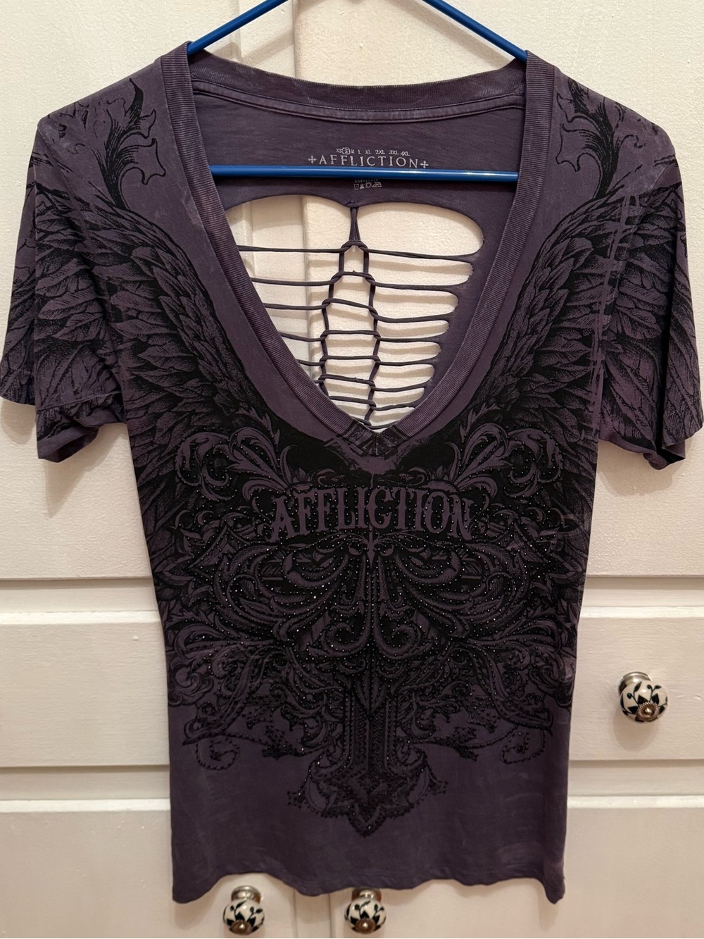 Affliction Rhinestone Deep V-Neck Graphic Tee with Cutout Back